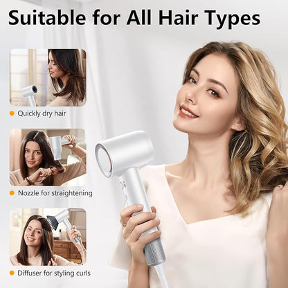 Hair Dryer, 160000 RPM Professional High-Speed Blow Dryer 500 Millions Negative Ionic Care Hair Dryer for Fast Drying, Low Noise Thermo-Control Hairdryer, Travel with Magnetic Diffuser & Nozzle, White