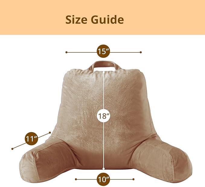 Sasttie Reading Pillow, Velvet Back Pillow for Bed Sitting Up, Adult Back-Rest Support Cushion with Arms for Sit Up on Couch, Sofa, and Floor, Dorm Essentials, Reading Accessories, Light Brown