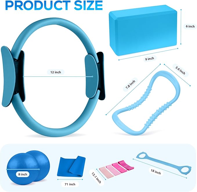 Pilates Ring Essentials Kit for Women,Home Fitness Equipment Sets with 12''Pilates Ring,2 Pilates Ball,Yoga Brick,Elastic Band & Other Accessories Suitable for Exercise & Shape Up-13PCS
