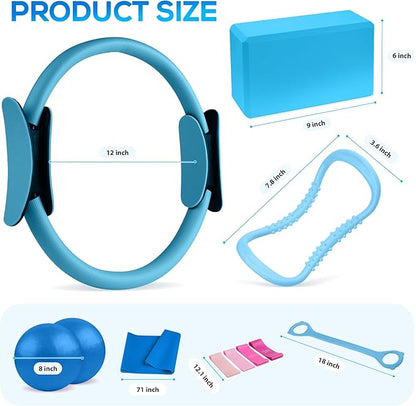 Pilates Ring Essentials Kit for Women,Home Fitness Equipment Sets with 12''Pilates Ring,2 Pilates Ball,Yoga Brick,Elastic Band & Other Accessories Suitable for Exercise & Shape Up-13PCS