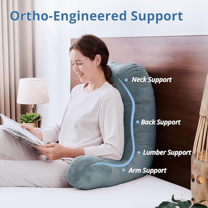 Sasttie 25-inch Reading Pillows for Sitting in Bed Adult, Jumbo Velvet Back Pillow Bed Sitting Up, XL High Back-Rest Support Cushion for Sit Up on Couch & Floor, Oeko-Tex Certified, Bluish Grey