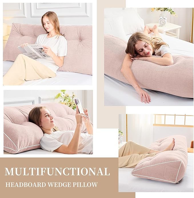 Sasttie Headboard Pillow King, Wedge Pillow Headboard for Sitting Up in Bed, Back-Rest Support Triangular Cushion for Reading - Features Removable Washable Cover, Light Pink