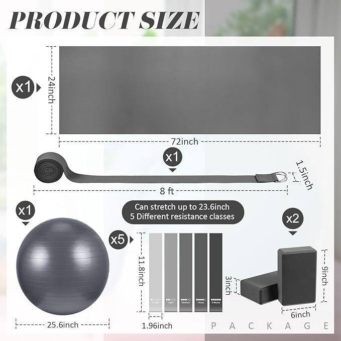 10 Pcs Yoga Starter Kit Include Yoga Mat with Carry Strap, 2 Yoga Blocks, Yoga Strap, Yoga Pilates Ball, 5 Resistance Bands with Air Pump Yoga Mat Set and Kit for Beginners Women and Men