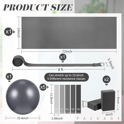 10 Pcs Yoga Starter Kit Include Yoga Mat with Carry Strap, 2 Yoga Blocks, Yoga Strap, Yoga Pilates Ball, 5 Resistance Bands with Air Pump Yoga Mat Set and Kit for Beginners Women and Men