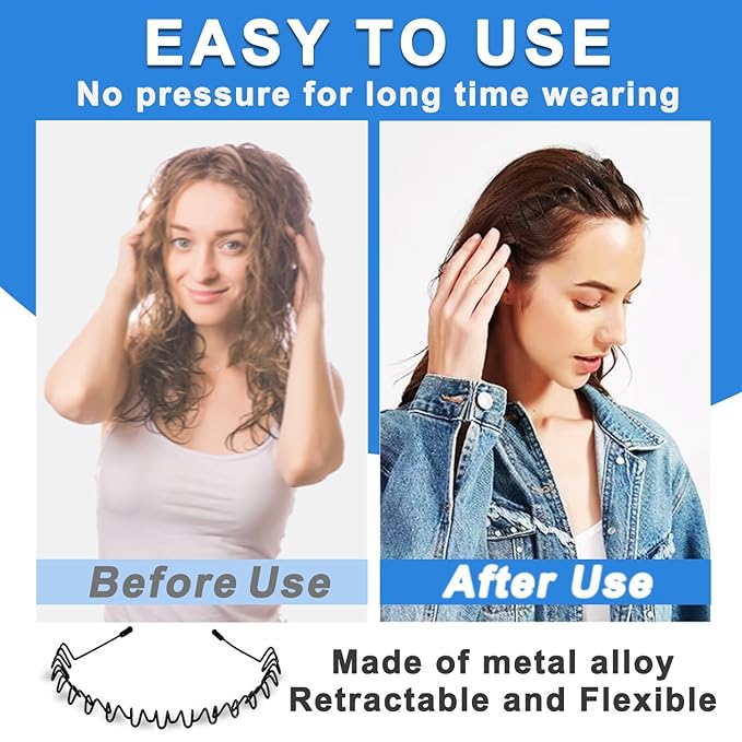 Metal Headbands for Man, Unisex Black Wavy & Smooth Headbands for Women, Non-Slip Elastic Hair Bands for Sports, Gym, Yoga, and Daily Use. (6 pack)