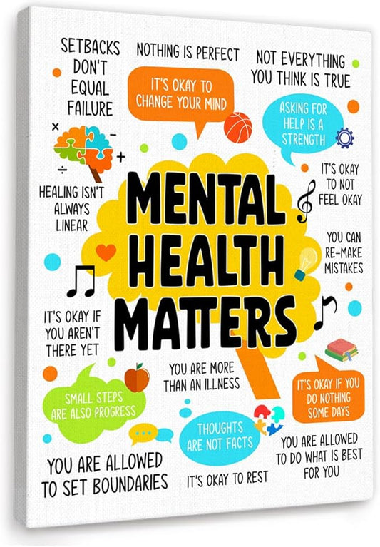 YEOION Mental Health Matters Wall Decor,Therapy Office Mental Health Wall Art Canvas Framed Poster Print for Calming Corner Classroom School Counselor Wall Decor 12 x 15 in