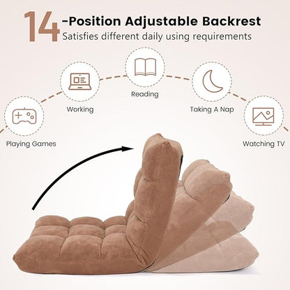 Moccha 14-Position Floor Chair, Folding Sofa Chair with Back Support, Memory Foam Floor Gaming Chairs for Adults, Adjustable Padded Couch Recliner Sleeper Bed for Reading, Meditating, Beige