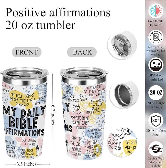 Daily Affirmations for Women Bible Verse Makeup Bag Inspirational Christian Gifts for Women Sister Coworker Mental Health Birthday Christmas, 20oz Tumbler Makeup Bag Ballpoint Pen Notebook 6PCS