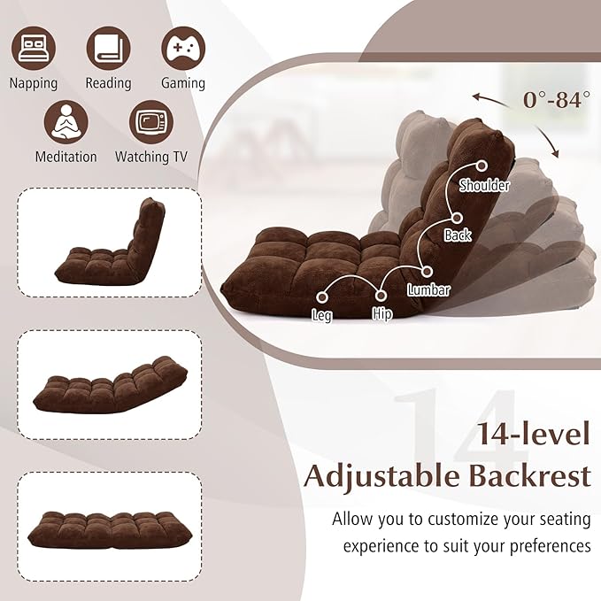 RELAX4LIFE Floor Chair with Back Support - 14-Position Adjustable Lazy Sofa Chair, Padded Sleeper Bed & Couch Recliner for Reading Meditation, Folding Floor Gaming Chair for Adults (Brown)