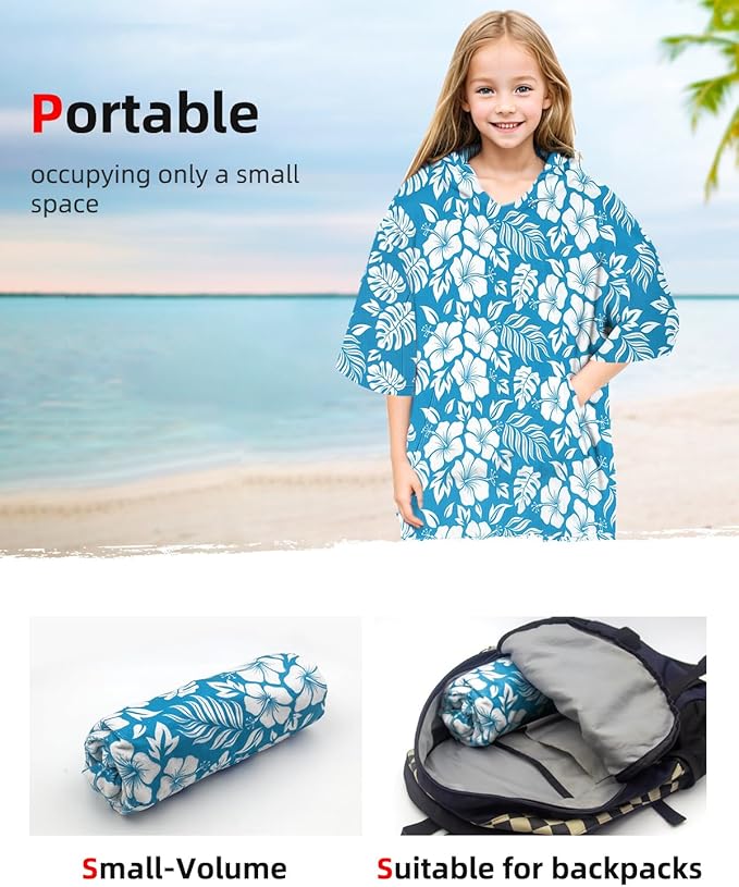 Abahub Surf Poncho Women & Men Towel Poncho Adult with Hood, Thick Quick Dry Changing Poncho Towel, Microfiber Wearable Cover Up for Surfing Beach Swim - Absorbent Changing Towel S (Blue Flower)