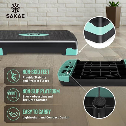SAKAE Aerobic Step Platform Set with Waist Trimmer & Measuring Tape, Exercise Steppers for Home Exercise Fitness, Adjustable Height 2 Level Risers Workout Step Platform Trainer, Multiple Colors