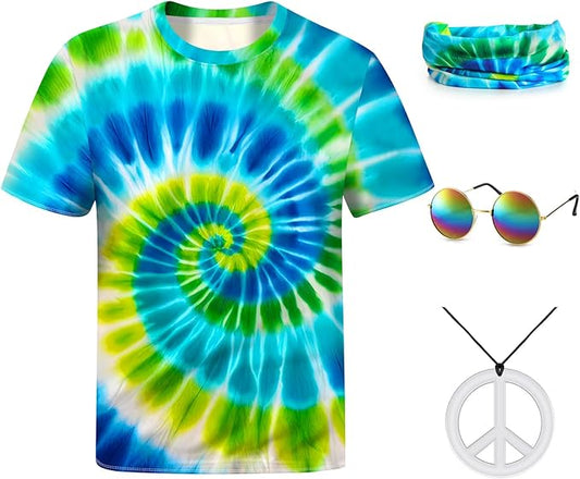 Hippie Costume for Men Women 4PCS Mens 60s 70s Outfit Set Colorful Hippie Shirt Sunglasses Headband Peace Necklace