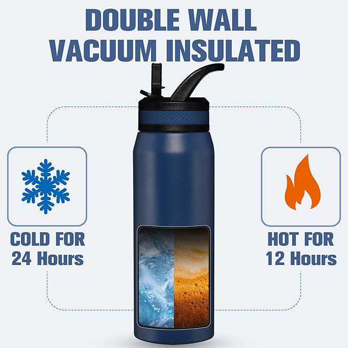 OLDLEY 24 oz Insulated Water Bottle With Straw, Stainless Steel Sports Water Cup Flask with 3 Lids(Straw, Spout and Handle Lid) Double Walled Travel Thermal Canteen Mug,Navy Blue