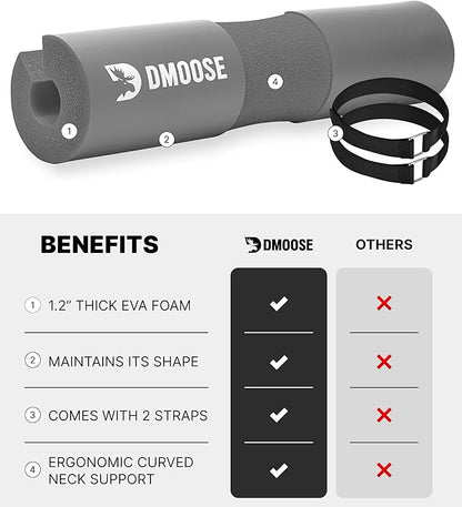 DMoose Fitness Barbell Pad for Hip Thrust, Squat & Lunges - Non-Slip Thick Foam Cushion for Neck and Back Support with Two Straps - Hip Thrust Pad for Leg Day - Fits All Olympic Bars and Smith Machine