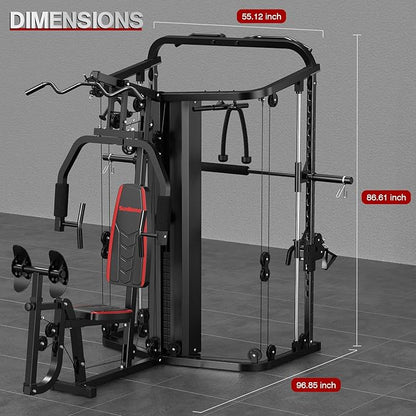 SunHome Multifunction Home Gym System Workout Station,Smith Machine with 138LB Weight Stack, Leg Press, LAT Station for Full Body Training