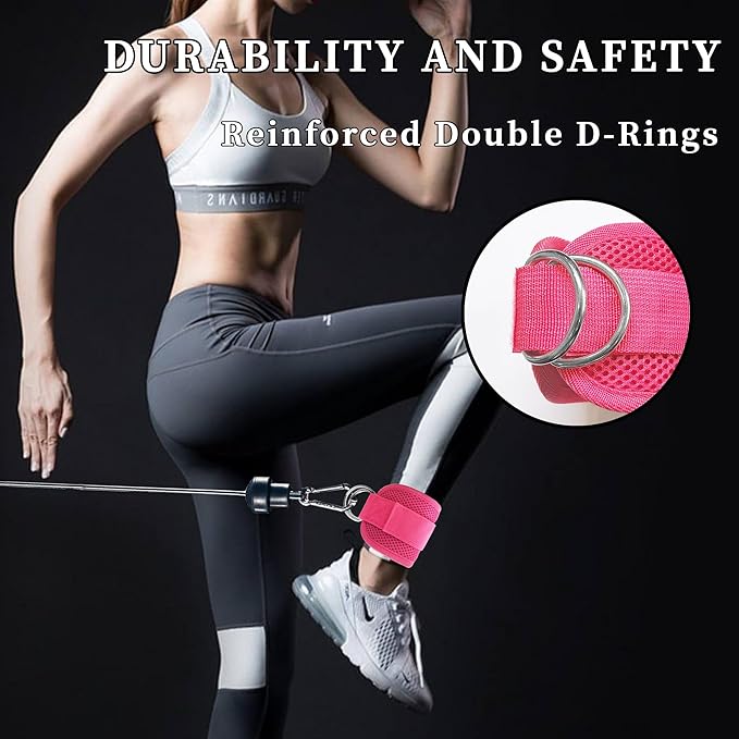 Fitness Ankle Straps for Cable Machines, 2 Pack Comfortable Adjustable Padded Ankle Wrist Cuffs, Kickback Glute Workouts for Men Women, D-Ring Leg Straps with Neoprene Padding