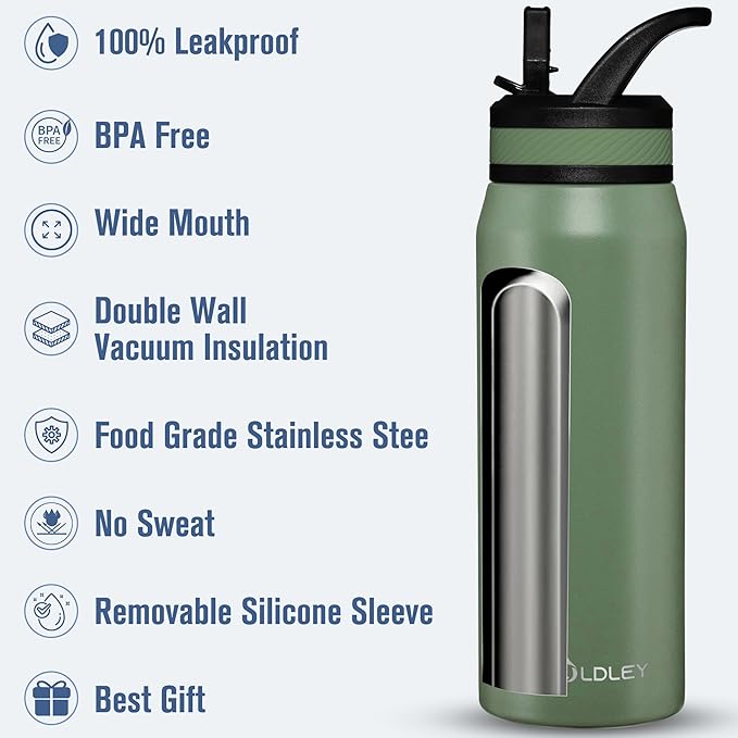 OLDLEY 24 oz Insulated Water Bottle With Straw, Stainless Steel Sports Water Cup Flask with 3 Lids(Straw, Spout and Handle Lid) Double Walled Travel Thermal Canteen Mug,Army Green