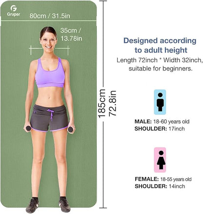 Yoga Mat Non Slip NBR Thick Yoga Mat, 72"L x 32"/24"W x 0.6"/0.4"TH (185cm x 80cm/61cm x 15mm/10mm), Anti-Tear Exercise Mat with Carrying Strap and Bag, Workout Mats for Yoga, Pilates, Floor Exercises