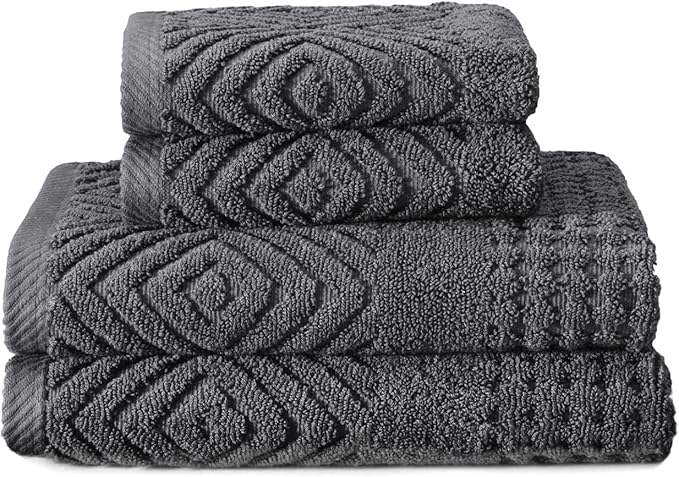 Texere 100% Organic Cotton Diamond Jacquard 700 GSM Luxury Bath Towel Sets - Ultra Soft and Absorbent Hotel and Spa Quality (Diamond, Charcoal, 2 Hand & 2 Face Towels)