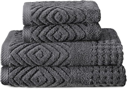 Texere 100% Organic Cotton Diamond Jacquard 700 GSM Luxury Bath Towel Sets - Ultra Soft and Absorbent Hotel and Spa Quality (Diamond, Charcoal, 2 Hand & 2 Face Towels)