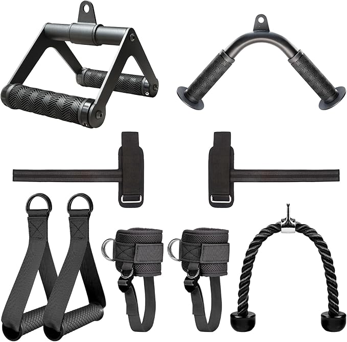 Cable Machine Attachment Set with Tricep Rope, V Bar, Double D Handle Row, Ankle & Wrist Straps, LAT Pulldown Attachments Cable Attachments for Home Gym