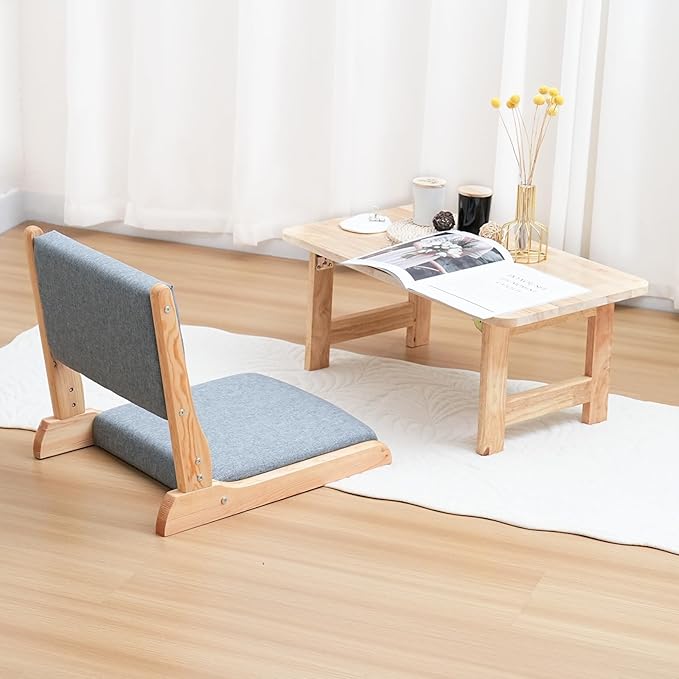 Japanese Floor Chair with Back Support, Foldable Meditation Chair, Legless Tatami Chair with Cushion, Floor Seat for Living Room, Bedroom, Bay Window (2, Dark Gray)