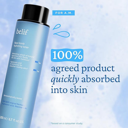 belif Niacinamide Hydrating Toner – Aqua Bomb Lightweight Cooling Toner with Hyaluronic Acid, Soothing and Balancing Formula, Skin Barrier Repair and Radiant Skin, Korean Skincare, 5.07 fl oz