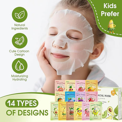 56 Pack Fruit Collagen Face Masks Skincare for Teens Girls, Sheet Face Mask Skin Care for Kids, Bulk Hydrating Facial Masks for Women, Face Mask Set for All Skin Types, Birthday Party Spa Gifts
