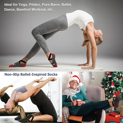 Ozaiic Yoga Socks for Women Non-Slip Grips & Straps, Ideal for Pilates, Pure Barre, Ballet, Dance, Barefoot Workout