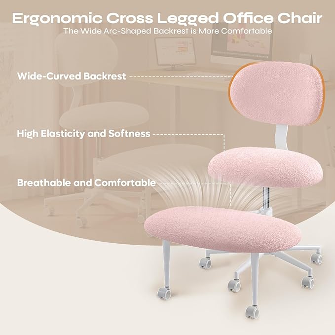 Ergonomic Cross Legged Office Chair with Wheels, ADHD Chair for Adults, Meditation Chair, Yoga Office Chair, Comfortable Back Support, Height Adjustable,Small Spaces, Teddy Fabric, Pink