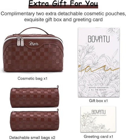 BOYATU Travel Makeup Bag Organizer Cosmetic Bag: 3 Pcs Set Make up Bags for Women with Handle - Waterproof Vegan Leather Toiletry Bags Travel Essentials Pouch with Compartments (C-09-Coffee)