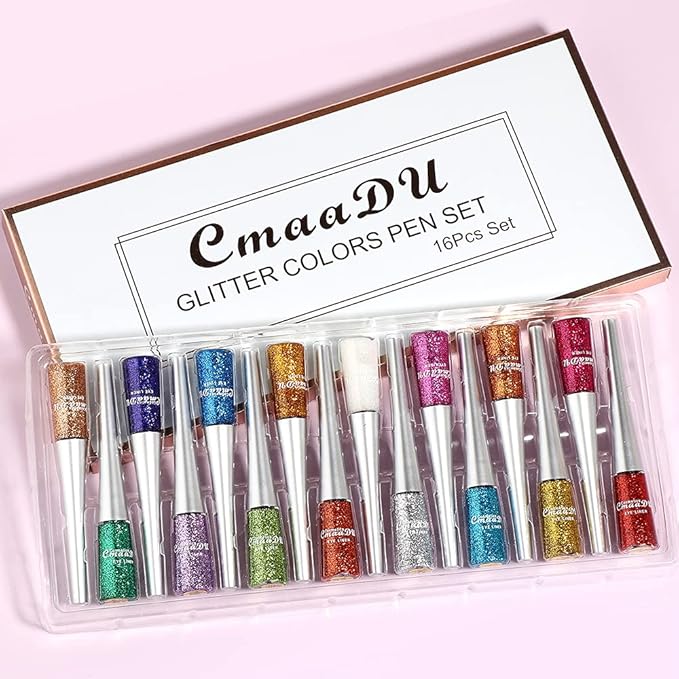 evpct 16 Color Liquid Glitter Eyeliner Sets Eyeliner Glitter Liquid Liners for Women White Silver Rose Gold Pink Sparkly Sparkle Shimmer Eyeliners delineador con glitter de colores para ojos colores