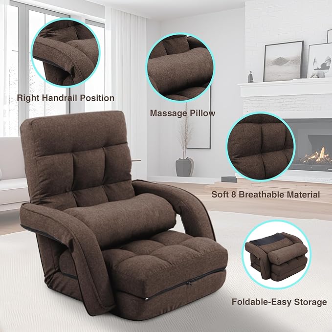 Adjustable Floor Chair for Adults with Back Suppor,5-Position Folding Lazy Sofa with Pillow, Gaming & Meditation Chair with Breathable Fabric - for Living Room, Bedroom, Office,Balcony (Brown)