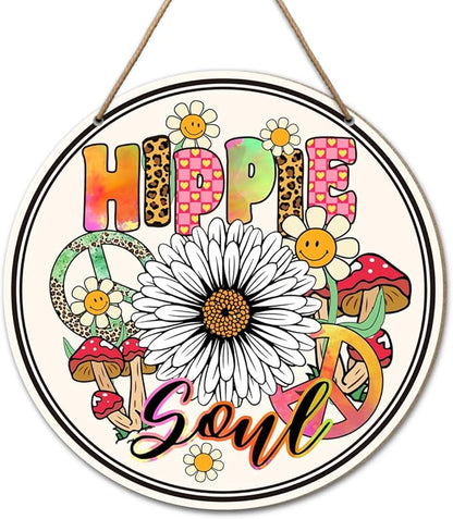 Hippie Peace Sign Wall Decor, Hippie Peace Sign for Front Door Home Living Room Bedroom, Peace and Love Sign, Boho Hippie Peace Round Wood Hanging Signs Decorations, Hipple Soul