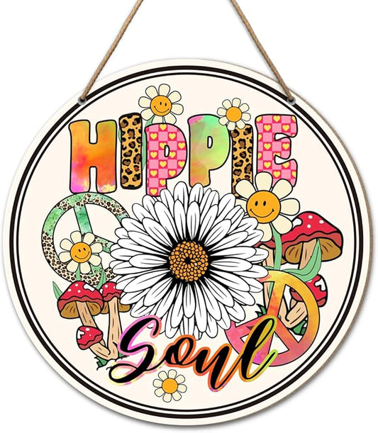 Hippie Peace Sign Wall Decor, Hippie Peace Sign for Front Door Home Living Room Bedroom, Peace and Love Sign, Boho Hippie Peace Round Wood Hanging Signs Decorations, Hipple Soul
