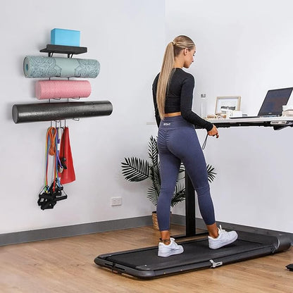 VINAEMO Yoga Mat Holder Accessories Wall Mount Organizer Storage Decor Foam Roller and Towel Storage Rack with 4 Hooks and Wooden Shelves Yoga Mats Rack Resistance Bands for Home Gym School Office