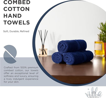 100% Cotton Hand Towel Set of 2, (16 x 28 inches) Sustainable, Soft, Highly Absorbent, Quick Drying, Combed Cotton Hand Towels Pack of 2 Ideal for Hotels, Spa, Bathroom, Dorm, Navy Blue