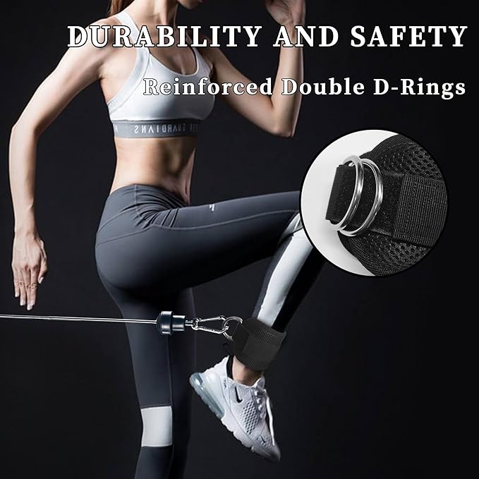 Fitness Ankle Straps for Cable Machines, 2 Pack Comfortable Adjustable Padded Ankle Wrist Cuffs, Kickback Glute Workouts for Men Women, D-Ring Leg Straps with Neoprene Padding