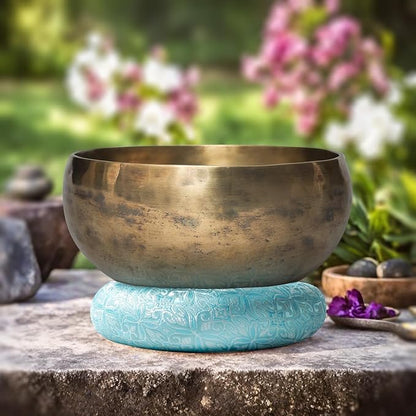 Singing Bowl Cushion for Tibetan Singing Bowls, Handmade Silk Brocade Round Cushion Pillow for Sound Healing and Crystal Sound Bowls Accessories(CyanBlue,6.7 Inch)