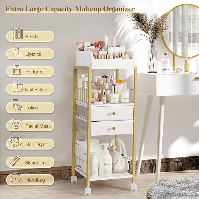 Makeup Organizer, Floor Skincare Organizers Make Up Organizers and Storage with Drawers, Vanity Organizer Cosmetics Display Cases Holder for Skin Care Nail Polish Perfume Gold