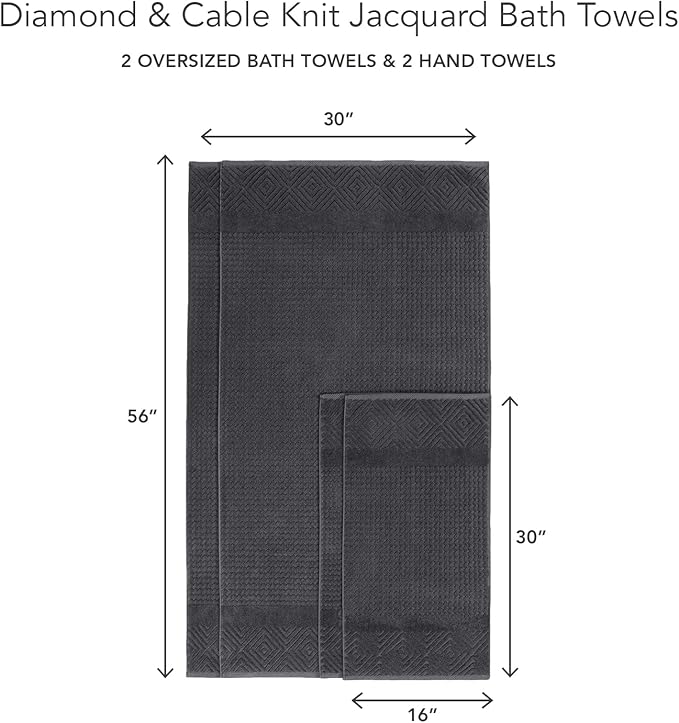 Texere 100% Organic Cotton Diamond Jacquard 700 GSM Luxury Bath Towel Sets - Ultra Soft and Absorbent Hotel and Spa Quality (Diamond, Charcoal, 2 Bath & 2 Hand Towels)