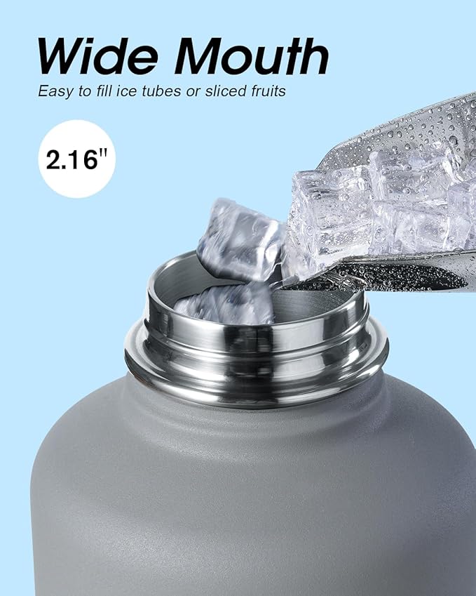 Half Gallon Water Bottle Insulated with Straw & 3 Lids, Coolflask 64 oz Water Jug Large Metal Stainless Steel Wide Mouth for Sports, Gym or Office, Non-BPA Keep Cold 48H Hot 24H, Dark Grey