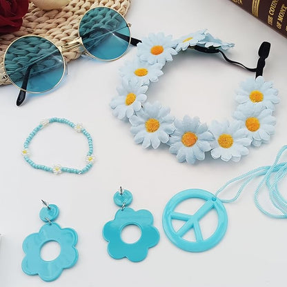 Hippie Costume Accessories Set Peace Sign Necklace Sunglasses Flower Headband Earrings for 60s 70s Outfit Party Women