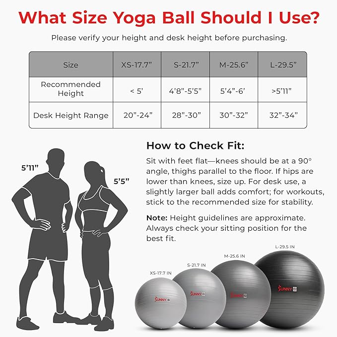 Sunny Health & Fitness Premium Anti-Burst Exercise Balls for Core Strength, Yoga, Pilates, Barre, Physical Therapy, Balance, Flexibility Non-Slip & Odorless