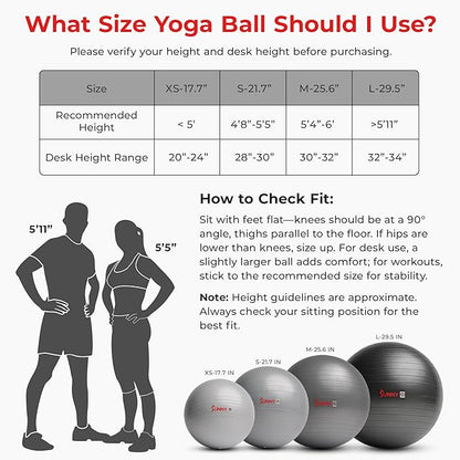 Sunny Health & Fitness Premium Anti-Burst Exercise Balls for Core Strength, Yoga, Pilates, Barre, Physical Therapy, Balance, Flexibility Non-Slip & Odorless