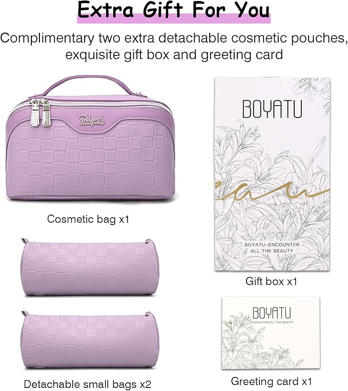 BOYATU Travel Makeup Bag Organizer Cosmetic Bag: 3 Pcs Set Make up Bags for Women with Handle - Waterproof Vegan Leather Toiletry Bags Travel Essentials Pouch with Compartments (C-01-Purple)
