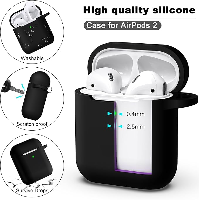 R-fun Compatible with AirPods Case Cover, Soft Silicone Protective Cover with Keychain for Women Men Compatible with Apple AirPods 2nd 1st Generation Charging Case, Front LED Visible,Black