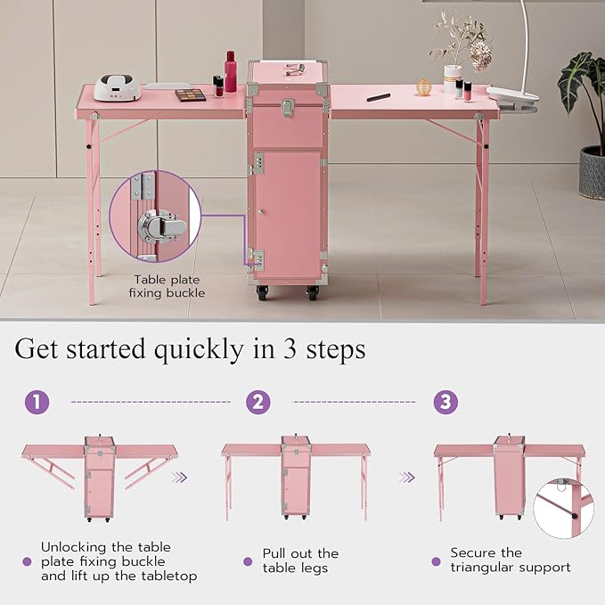 Icoget Portable Nail Table Desk, Foldable Rolling Manicure Table with Wheel, Makeup Train Case for Nail Teach, 2 Desktop Cosmetic Trolley Case, Pink