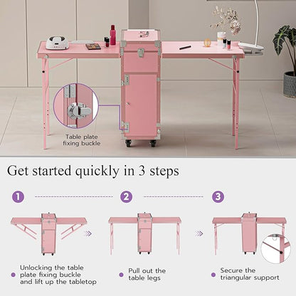 Icoget Portable Nail Table Desk, Foldable Rolling Manicure Table with Wheel, Makeup Train Case for Nail Teach, 2 Desktop Cosmetic Trolley Case, Pink