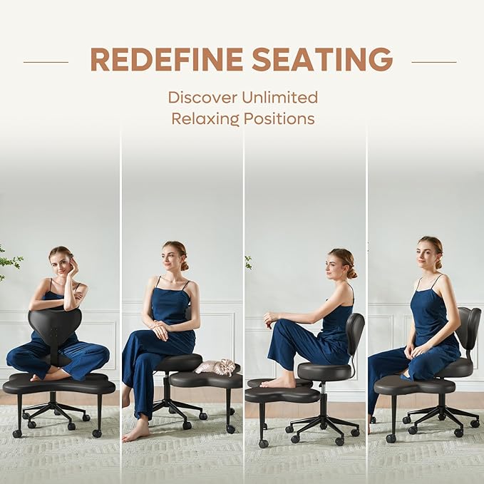 Ergonomic Cross Legged Chair, 360° Swivel Meditation Chair with Wheels, Height Adjustable Seat for ADHD, Strong Lumbar Support, Chic Home Office Furniture, PU Leather, Black